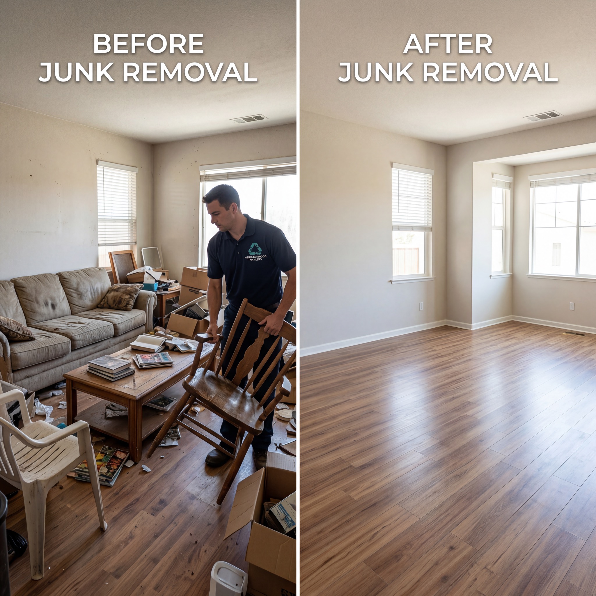 Before and after living room junk removal
